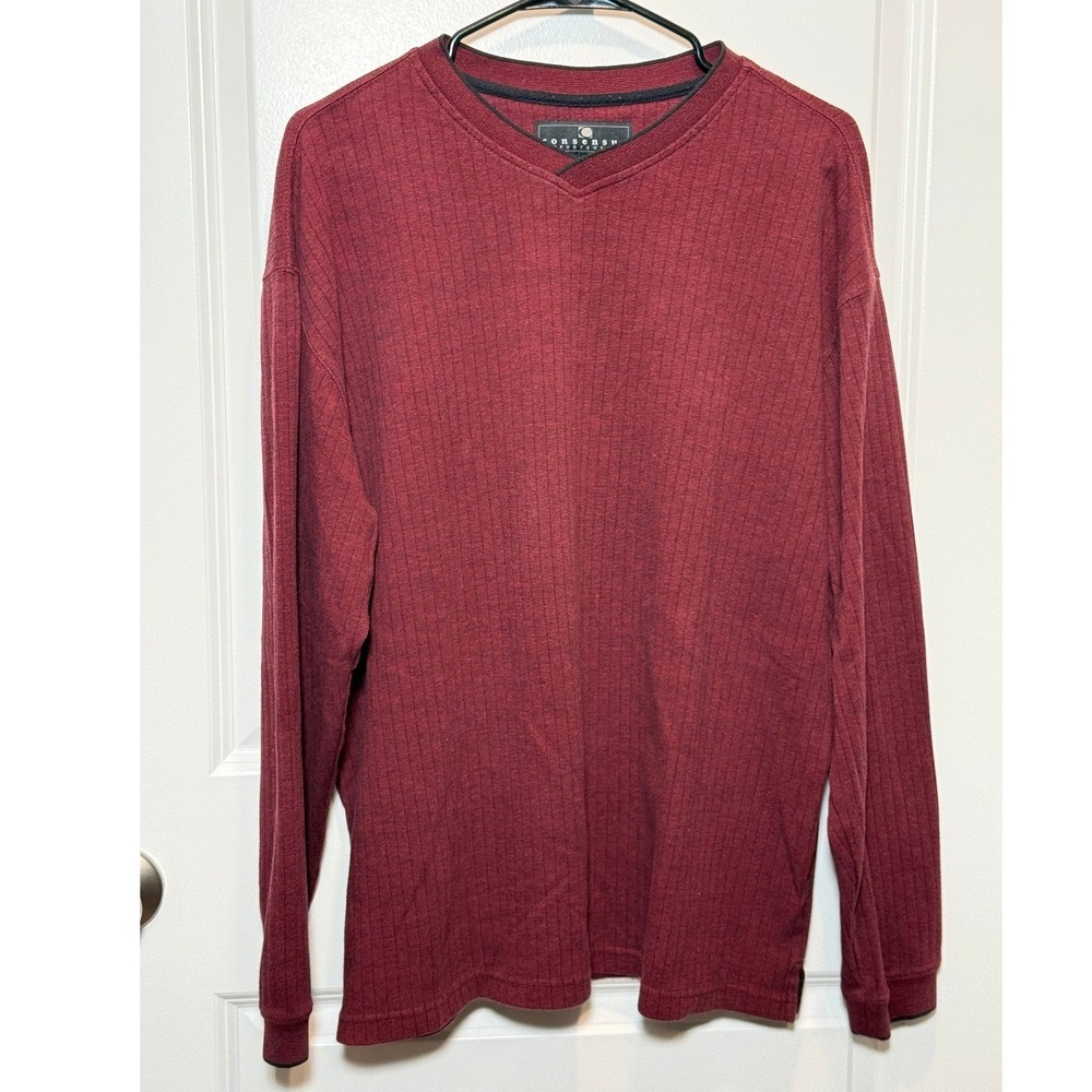 Consensus Sportswear Men's Ribbed Knit Tee L Burgundy V-Neck Long Sleeve Classic